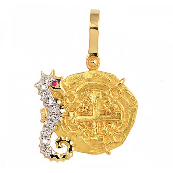 2 Escudos gold Doubloon Treasure Cob Coin  in 18kt Gold Seahorse Pendant with Diamonds and Ruby